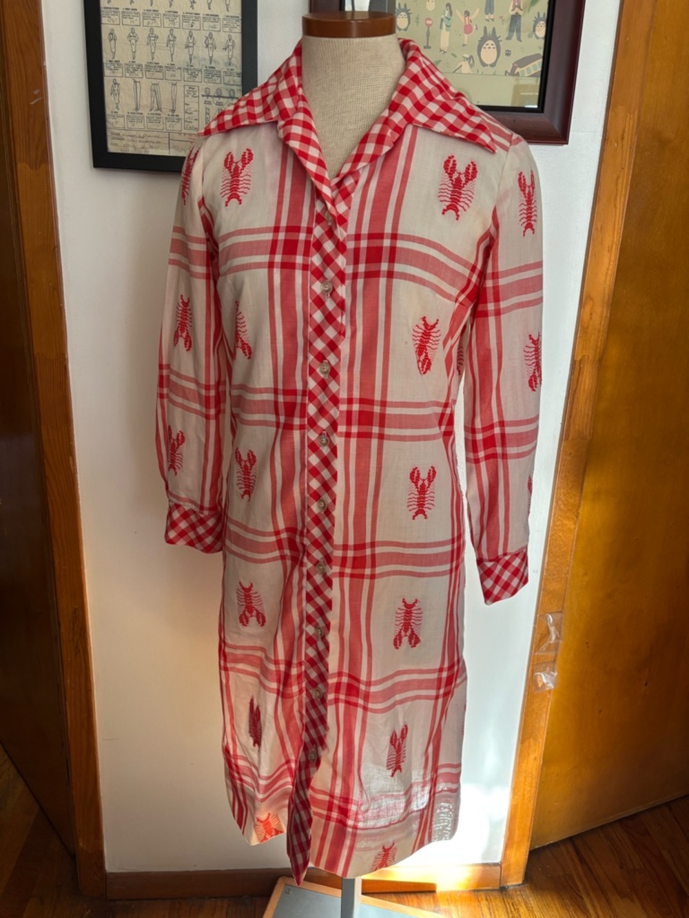 VINTAGE: Lisa Cobb/SAKS FIFTH AVENUE Lobster Picnic Shirtdress *SZ. S (RED)